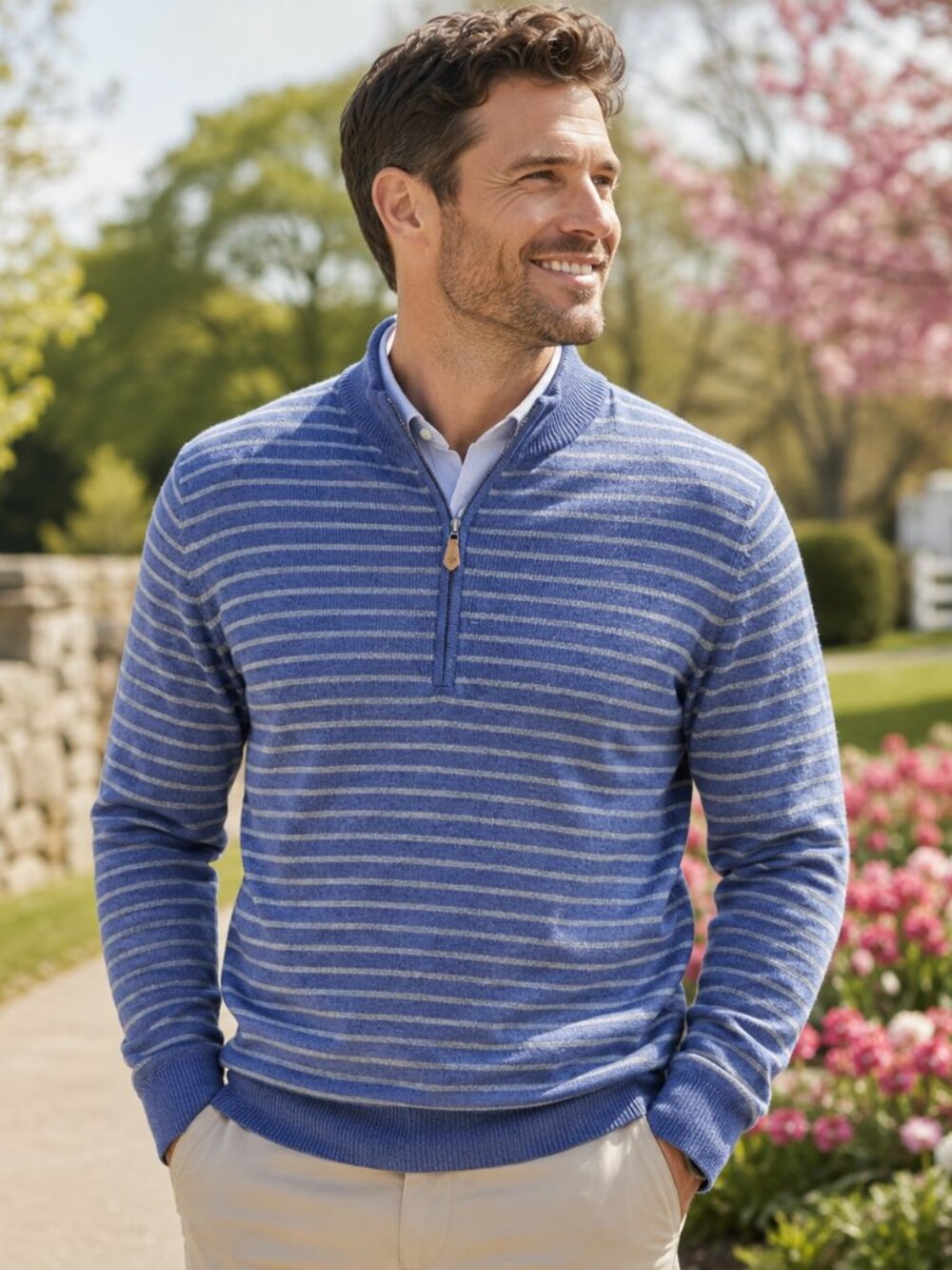Donald Ross Men's SZ M 100% Merino Wool Blue Gray Striped 1/4 Zip Sweater